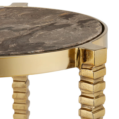 Corrado Cappuccino Marble Accent Table by Currey and Company in polished brass, natural. Made from iron, cappuccino marble in a modern style.
