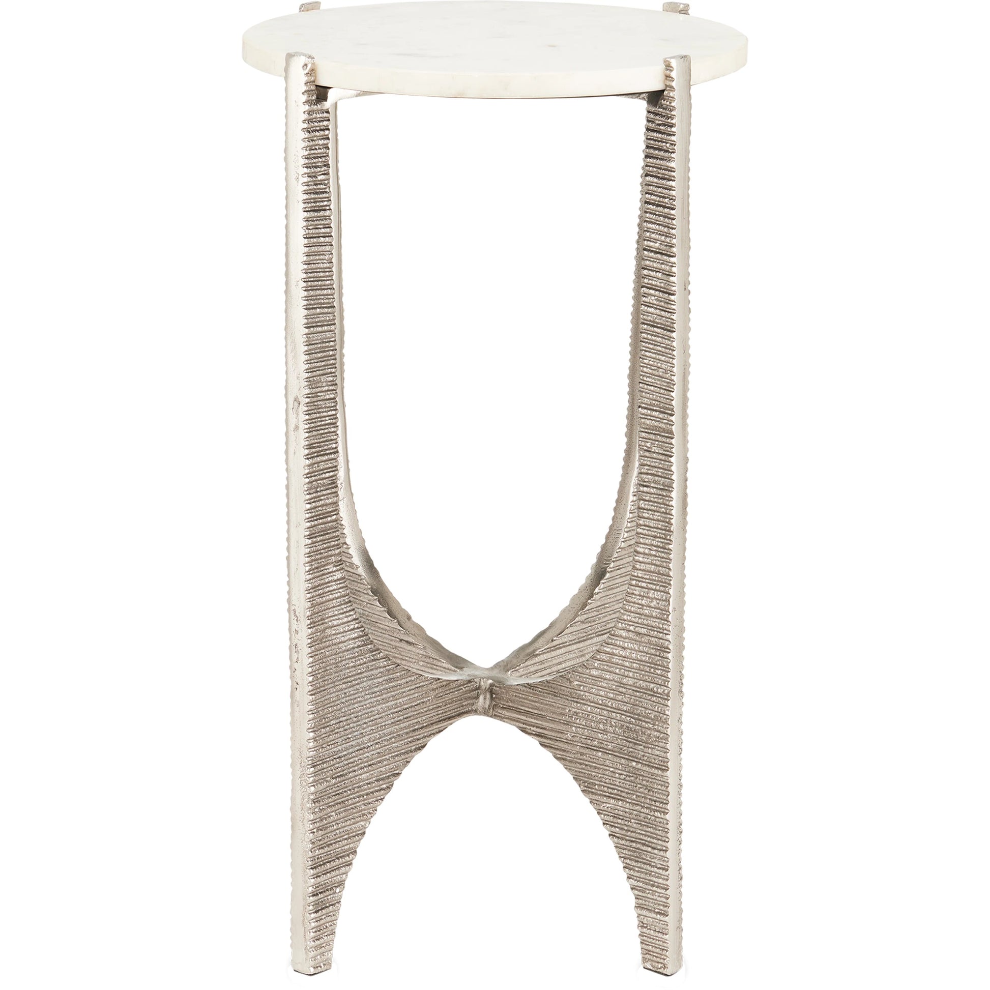 Micha Accent Table by Currey and Company in antique nickel, white. Made from cast aluminum, marble in a modern style.