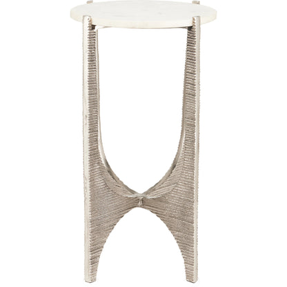 Micha Accent Table by Currey and Company in antique nickel, white. Made from cast aluminum, marble in a modern style.