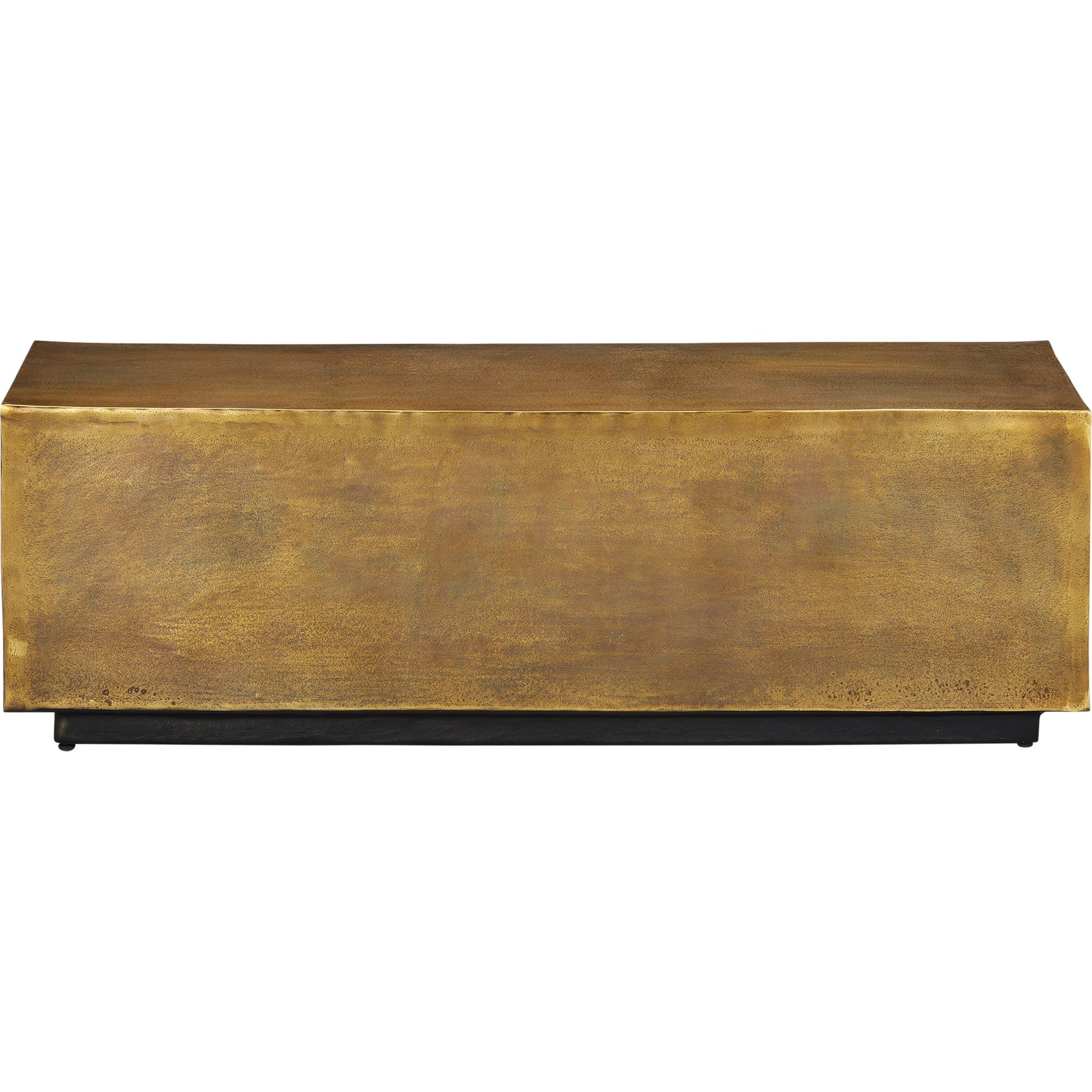 Jahnu Bench by Currey and Company in antique brass. Made from cast aluminum in a modern style.