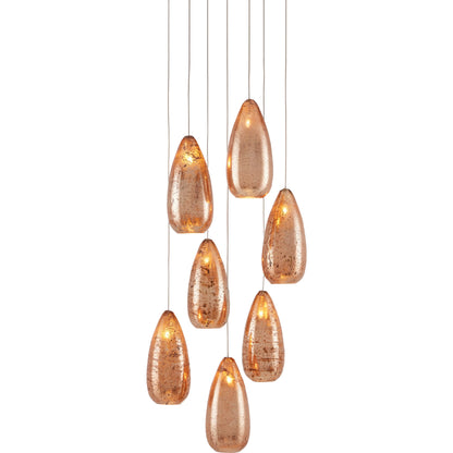 Rame 7-LIGHT Multi-Drop Pendant by Currey and Company in copper, silver. Made from antique copper, glass in a transitional style.