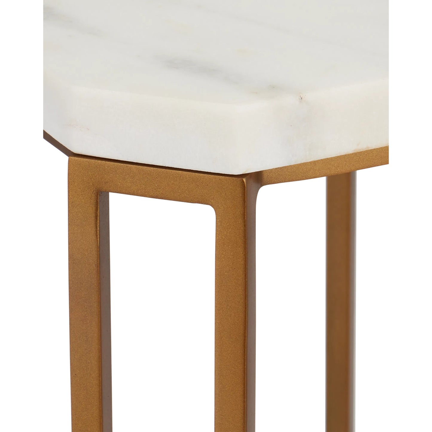 004 SI-2387121 | Closeup | Ocho Marble Drinks Table by Currey and Company in white, antique brass. Made from banswara white marble, stone, iron in a modern style.
