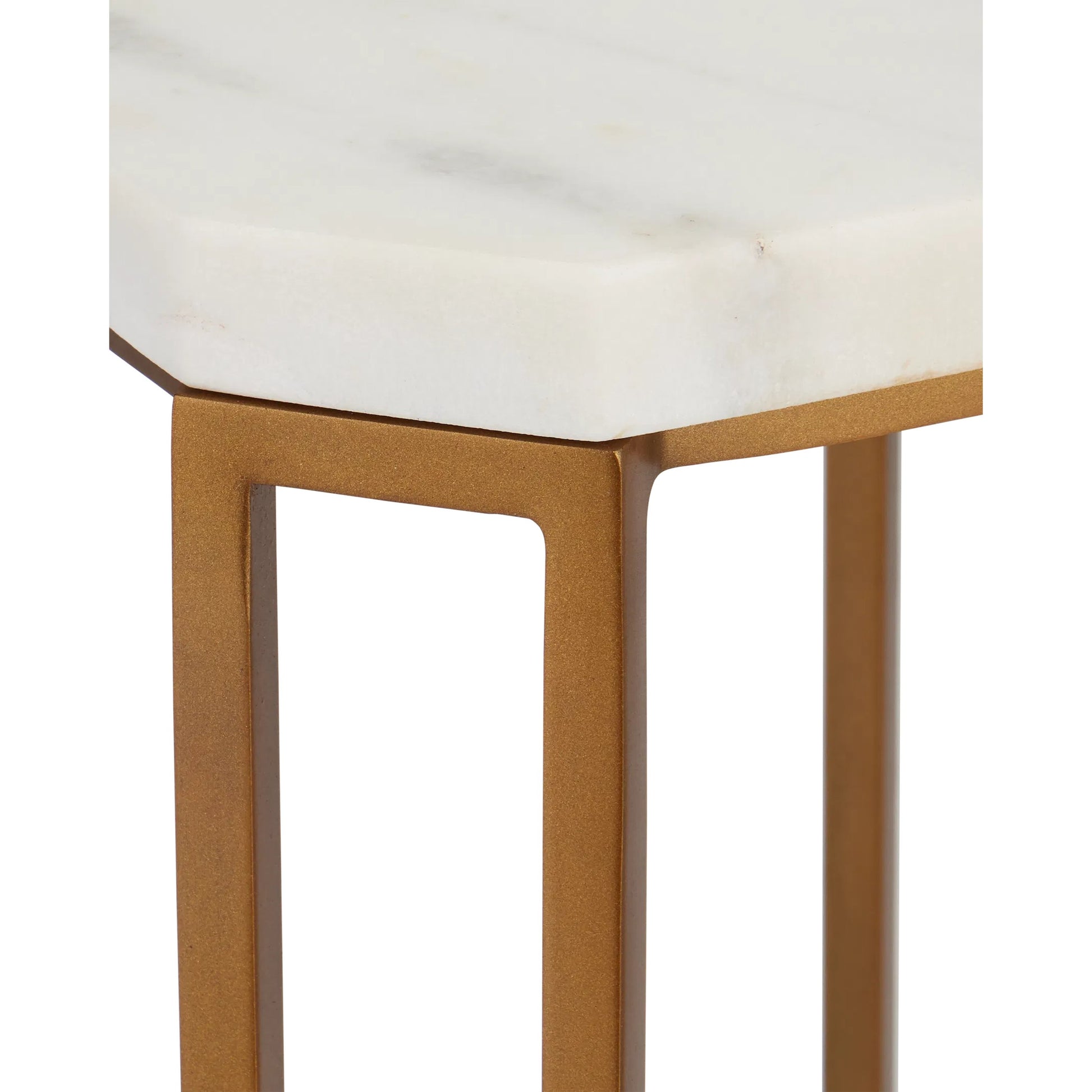 Ocho Marble Drinks Table by Currey and Company in white, antique brass. Made from banswara white marble, stone, iron in a modern style.