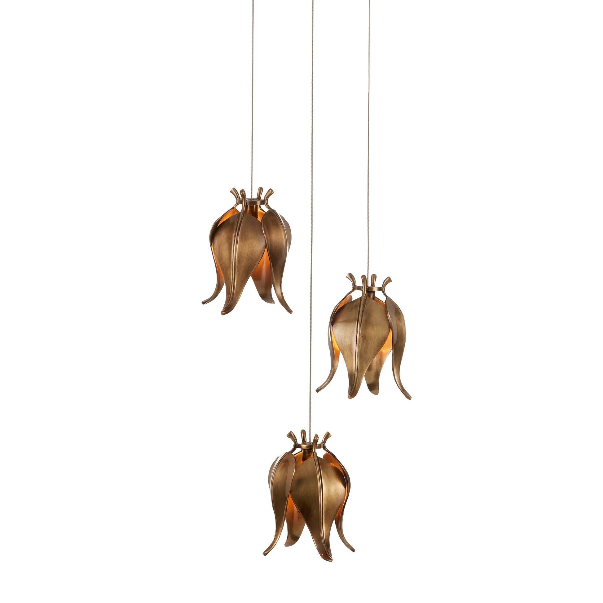 Iota 3-LIGHT Multi-Drop Pendant by Currey and Company in antique brass, silver. Made from brass in a modern style.