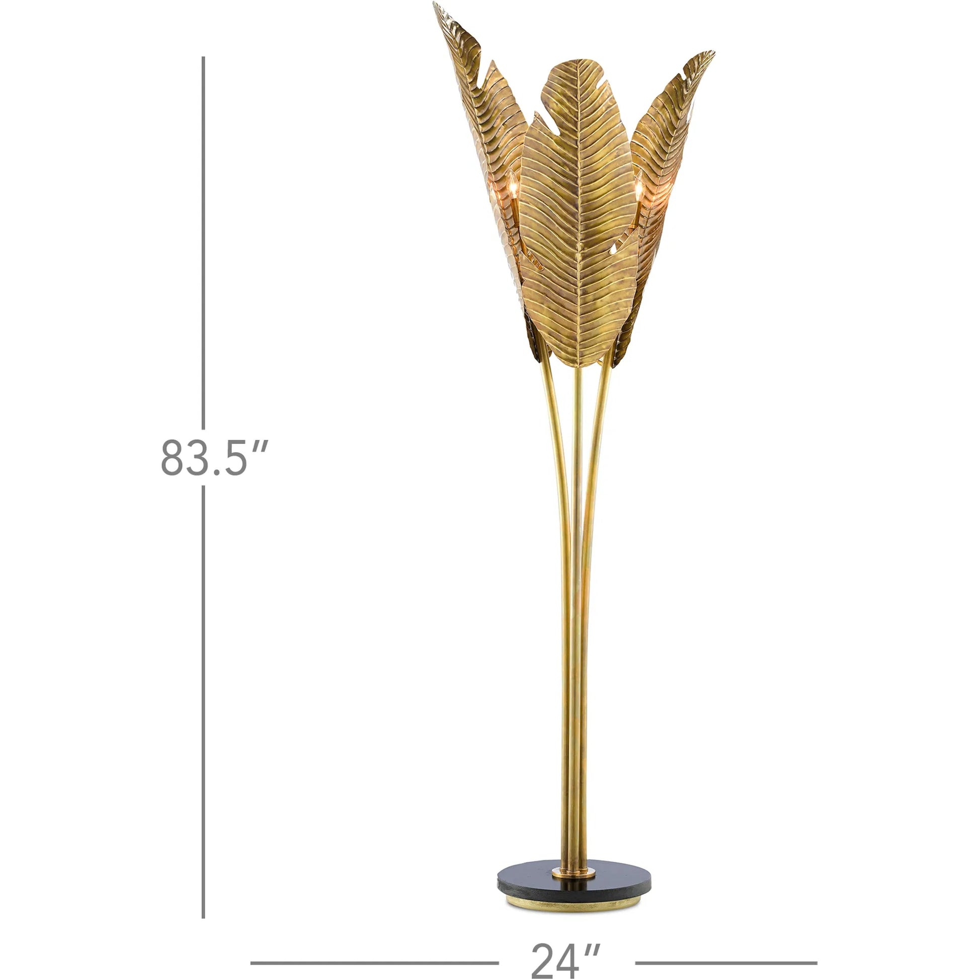 Tropical Floor Lamp by Currey and Company in vintage brass, black. Made from brass, iron, granite in a transitional style.