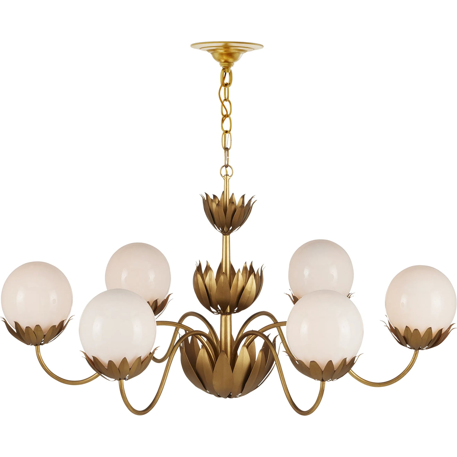 Mirasole Chandelier by Currey and Company in contemporary gold leaf, gold, white. Made from wrought iron, glass in a traditional style.