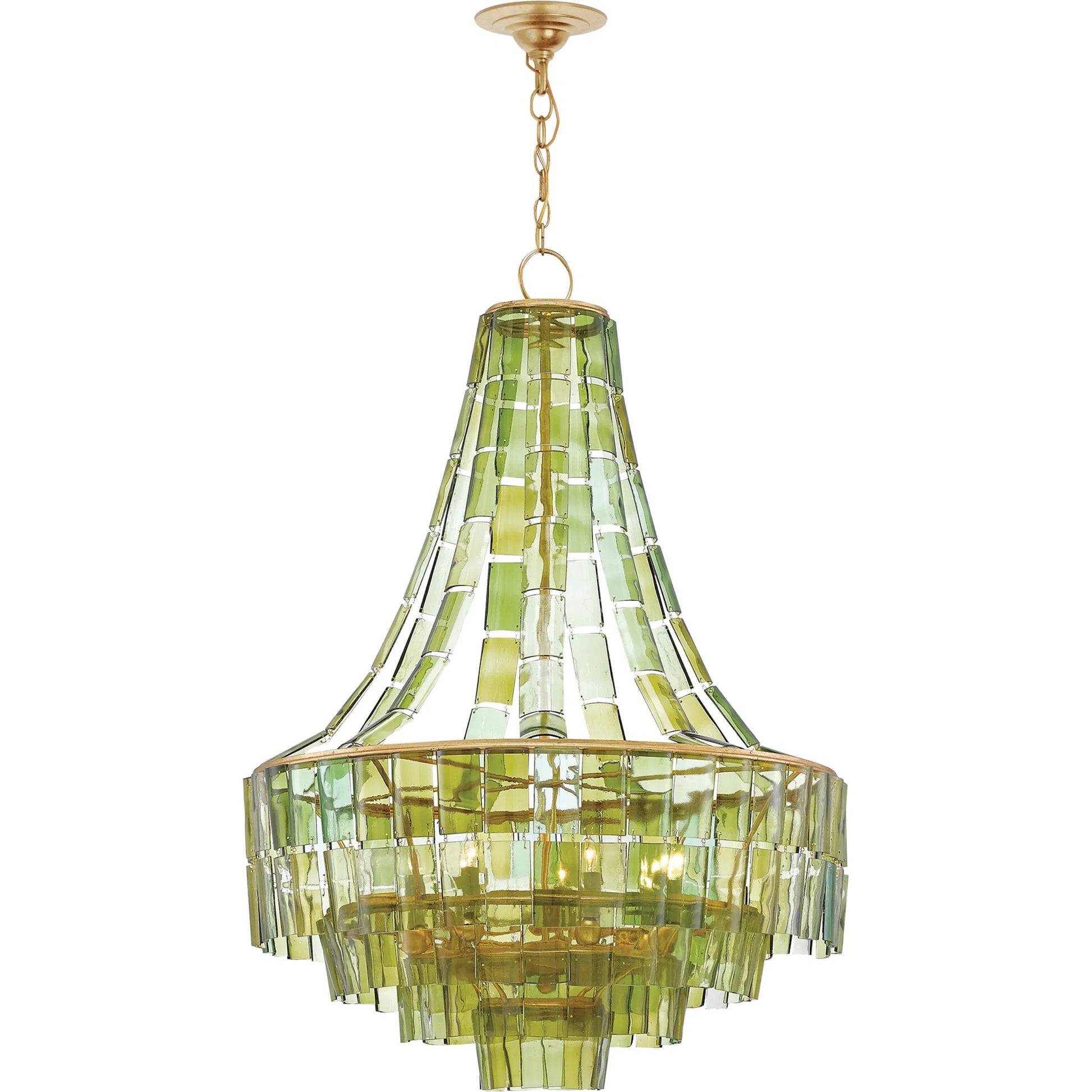 Vintner Chandelier by Currey and Company in dark contemporary gold leaf, green. Made from wrought iron, bottle glass in a modern style.