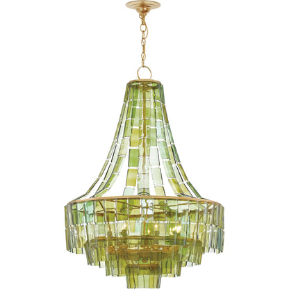 Vintner Chandelier by Currey and Company in dark contemporary gold leaf, green. Made from wrought iron, bottle glass in a modern style.