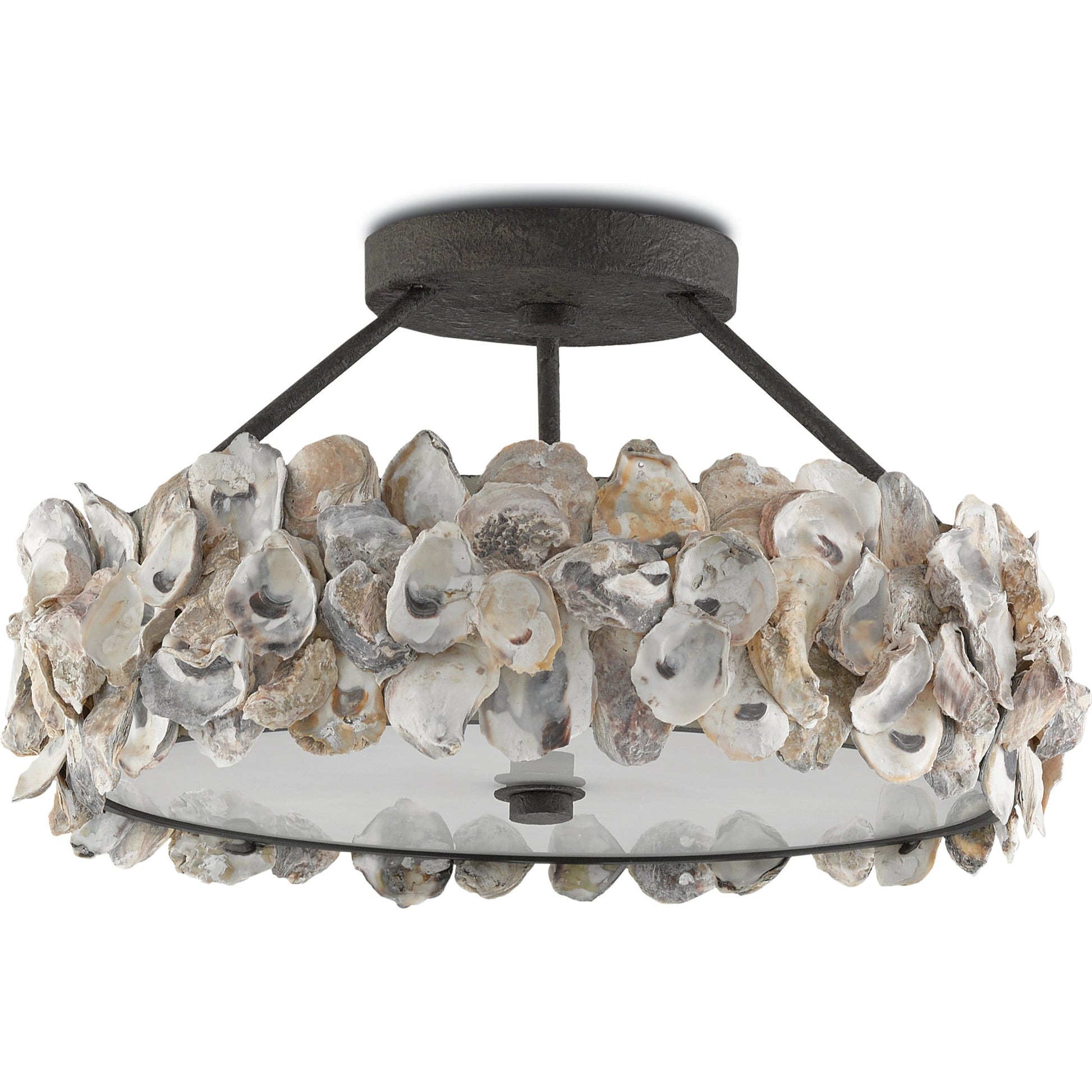 Oyster Semi-Flush by Currey and Company in textured bronze, natural, frosted glass. Made from wrought iron, oyster shell, glass in a coastal style.