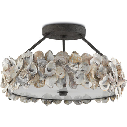 Oyster Semi-Flush by Currey and Company in textured bronze, natural, frosted glass. Made from wrought iron, oyster shell, glass in a coastal style.