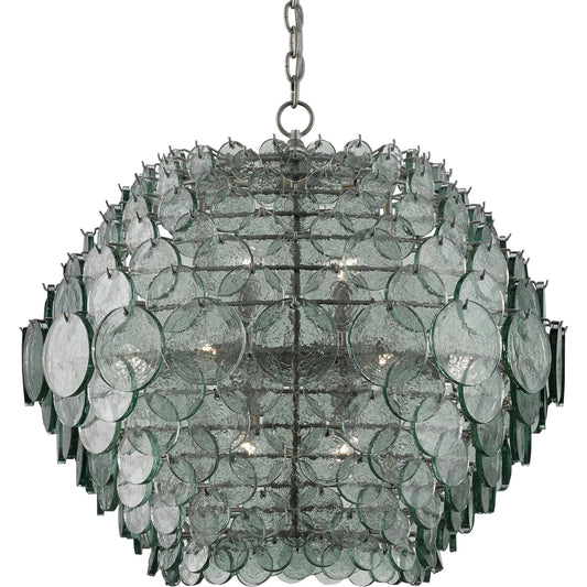 Braithwell Chandelier by Currey and Company in painted silver granello. Made from wrought iron, recycled glass in a modern style.