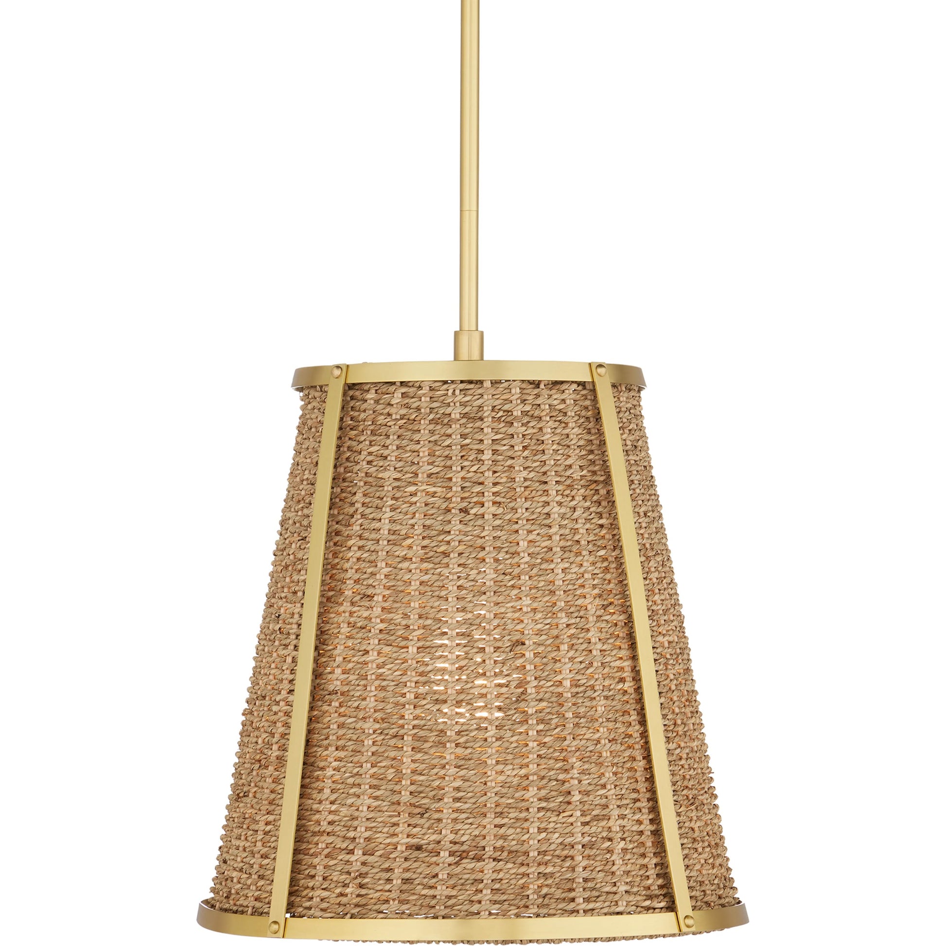 Deauville Pendant by Currey and Company in natural, polished brass. Made from seagrass, metal in a cottage & farmhouse style.
