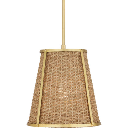 Deauville Pendant by Currey and Company in natural, polished brass. Made from seagrass, metal in a cottage & farmhouse style.