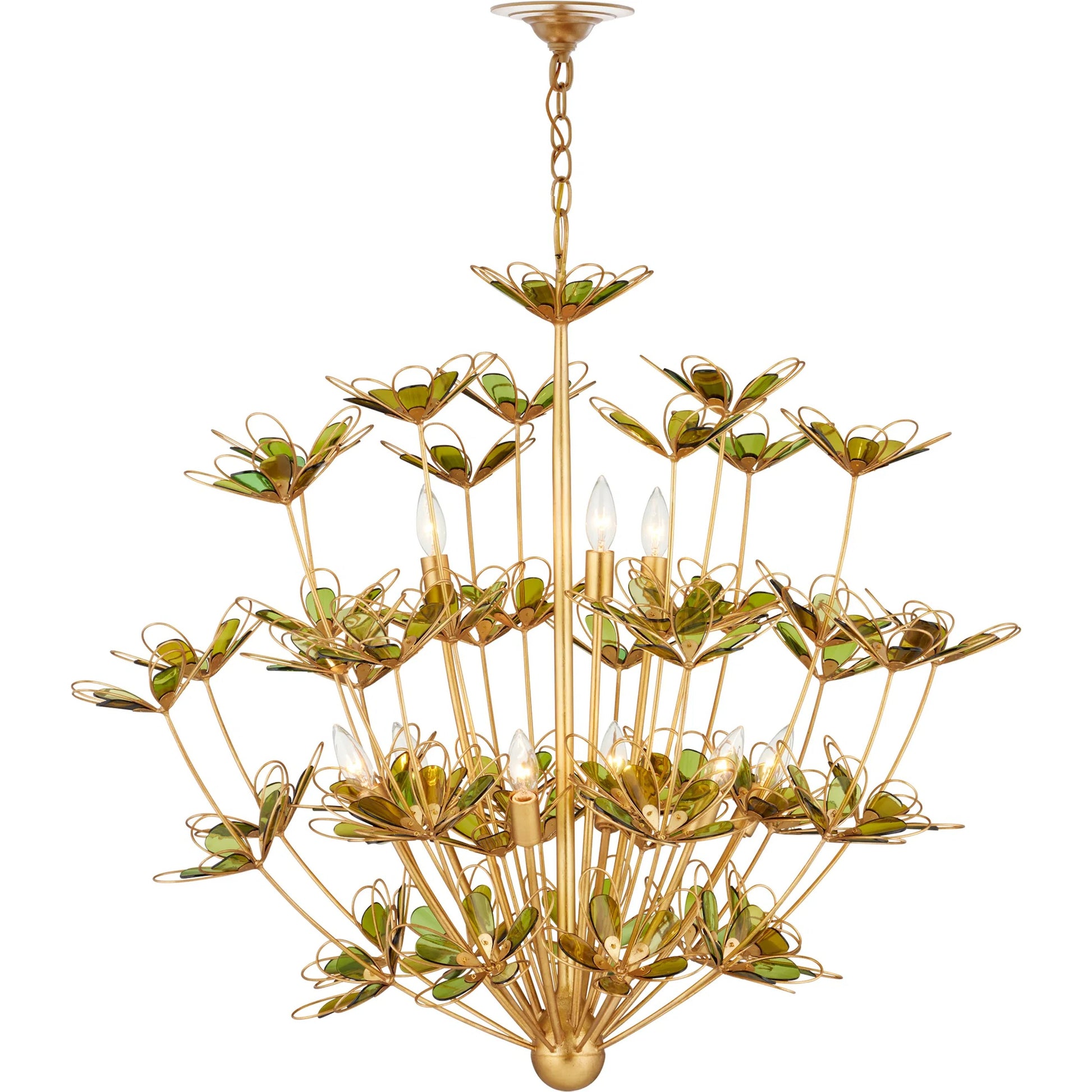 Midsummer Chandelier by Currey and Company in contemporary gold leaf, contemporary gold, green. Made from wrought iron, recycled bottle glass in a modern style.