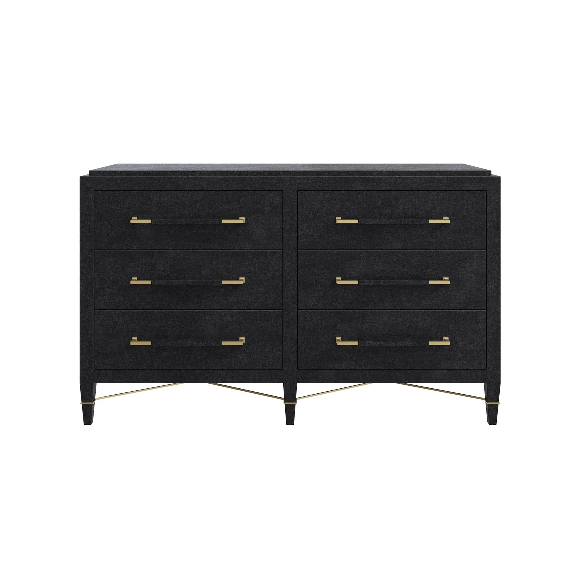 Verona Six-Drawer Chest by Currey and Company in black, natural, champagne, silver. Made from lacquered linen, mahogany, engineered wood, metal, faux velvet in a modern style.