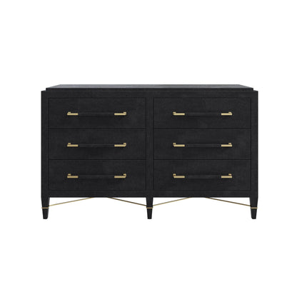 Verona Six-Drawer Chest by Currey and Company in black, natural, champagne, silver. Made from lacquered linen, mahogany, engineered wood, metal, faux velvet in a modern style.