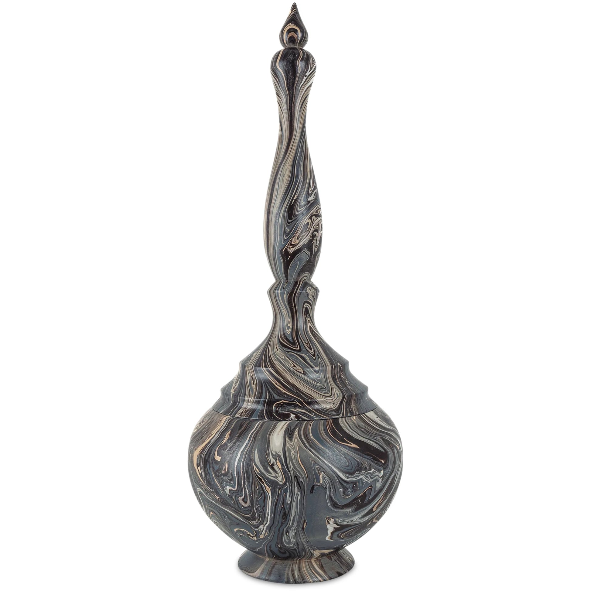 Short Turret Box by Currey and Company in marbleized brown. Made from wood in a unique style.