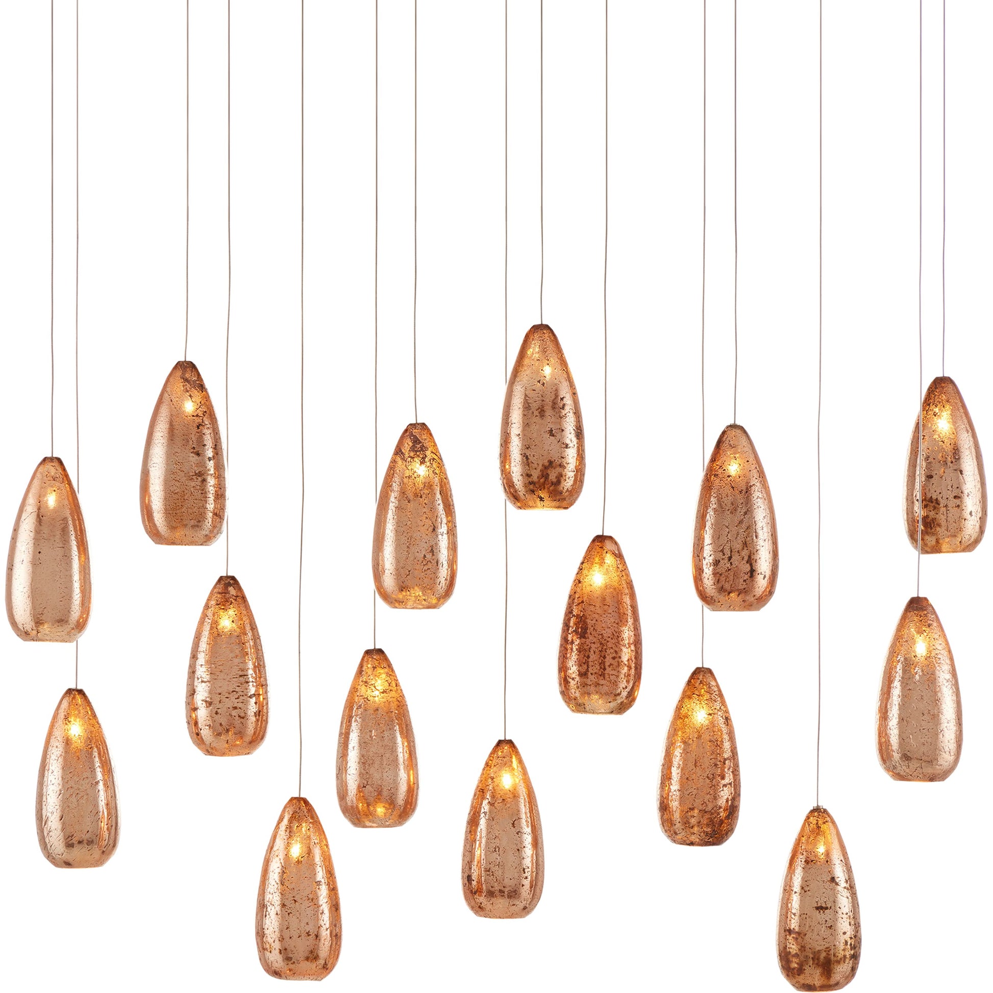 Rame Rectangular 15-LIGHT Multi-Drop Pendant by Currey and Company in copper, silver. Made from antique copper, glass in a transitional style.