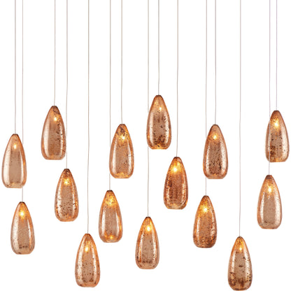Rame Rectangular 15-LIGHT Multi-Drop Pendant by Currey and Company in copper, silver. Made from antique copper, glass in a transitional style.