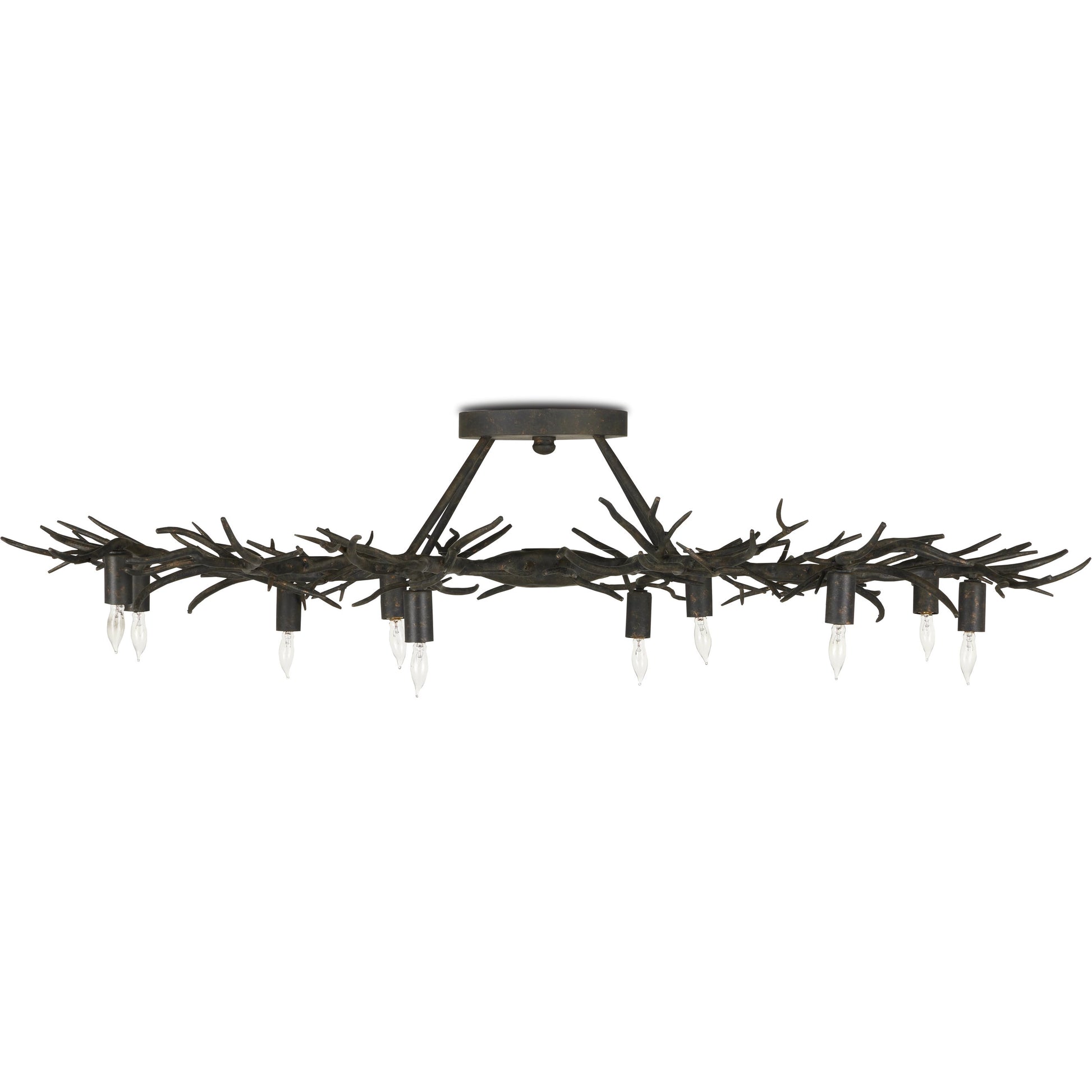 Rainforest Semi-Flush by Currey and Company in rustic bronze. Made from wrought iron in a modern style.