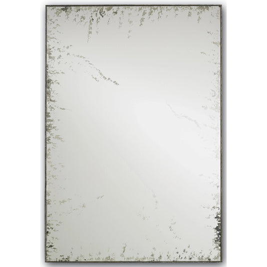 Rene Mirror by Currey and Company in dirty silver, antique. mirror. Made from wrought iron, mirror in a traditional style.