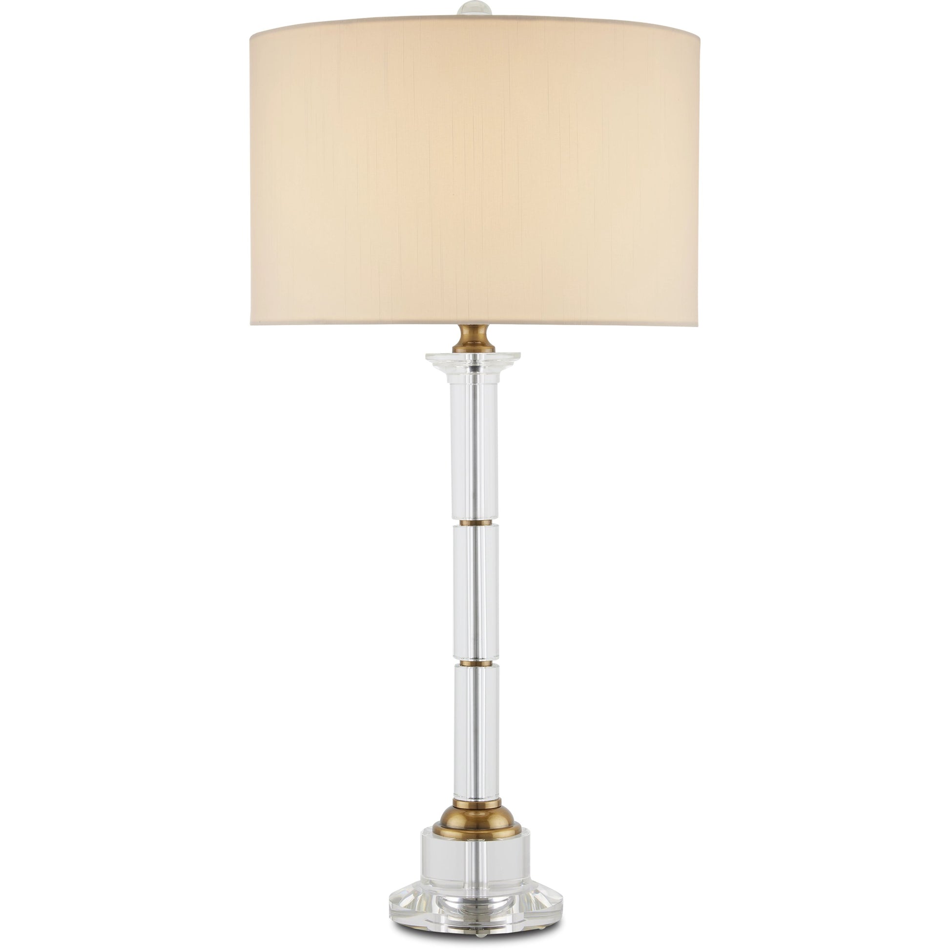Lothian Table Lamp by Currey and Company in clear, antique brass. Made from optic crystal, metal in a transitional style.