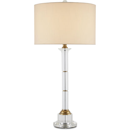 Lothian Table Lamp by Currey and Company in clear, antique brass. Made from optic crystal, metal in a transitional style.