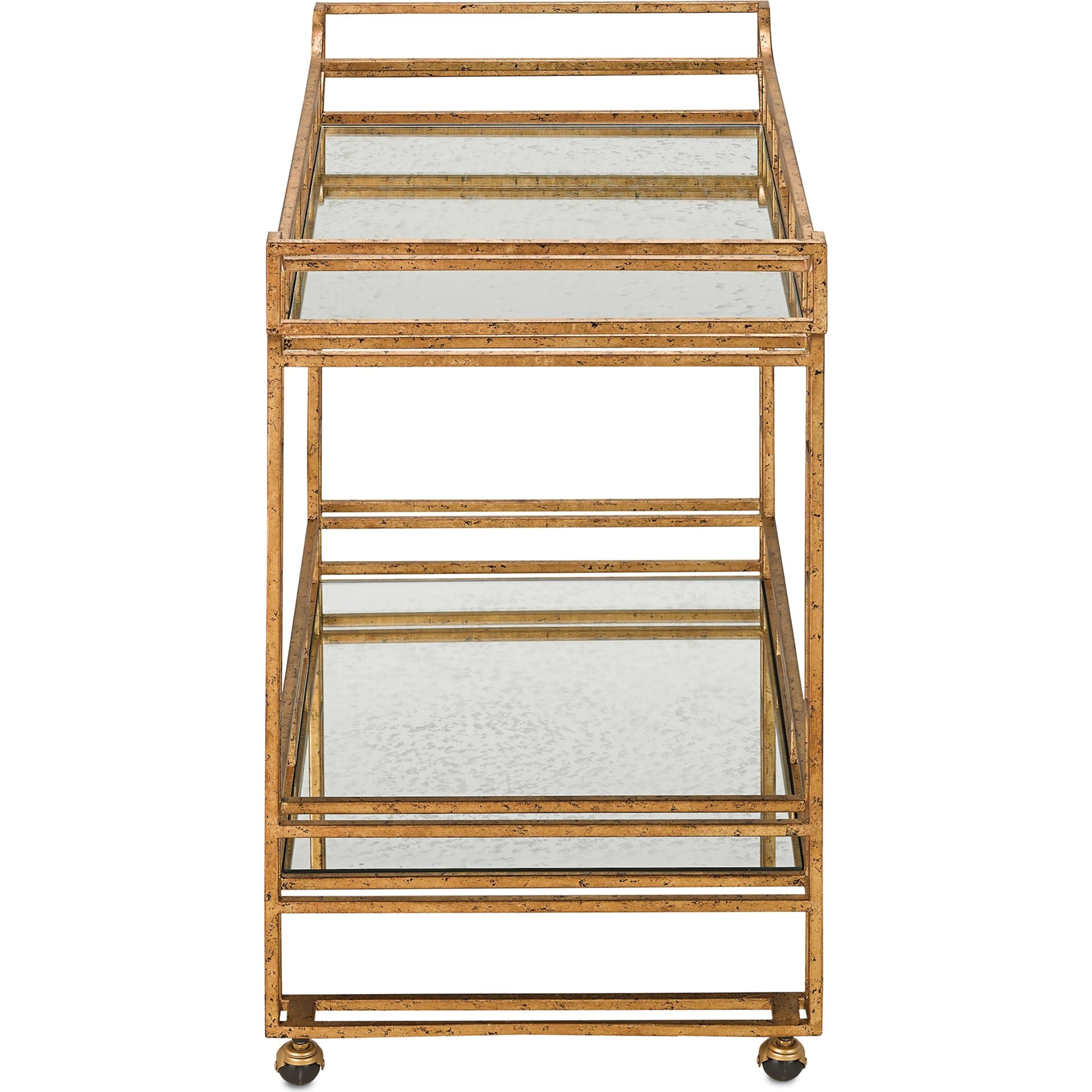 Odeon Bar Cart by Currey and Company in seneca gold leaf, light roche antique mirror. Made from wrought iron, mirror in a transitional style.