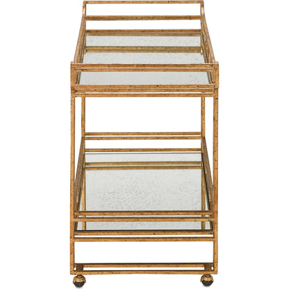 Odeon Bar Cart by Currey and Company in seneca gold leaf, light roche antique mirror. Made from wrought iron, mirror in a transitional style.