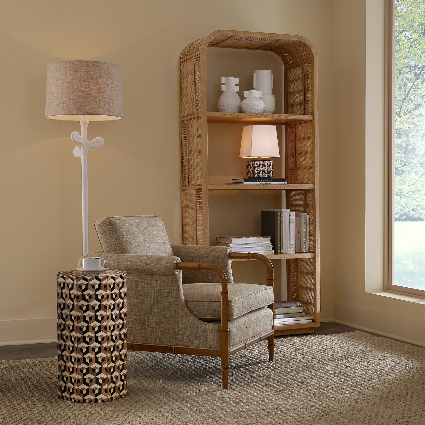 004 SI-2007752 | Lifestyle | Geo Accent Table by Currey and Company in natural, white, black. Made from mango wood, bone, composite in a modern style.