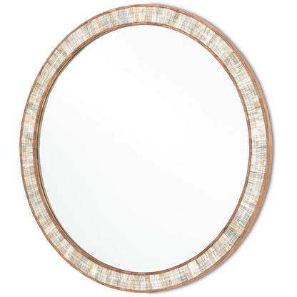 Hyson Round Mirror by Currey and Company in natural, mirror. Made from horn, sheesham wood, engineered hardwood, glass in a coastal style.