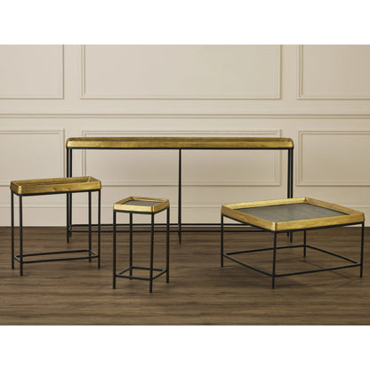 Tanay Side Table by Currey and Company in antique brass, graphite, black. Made from cast aluminum, iron in a transitional style.