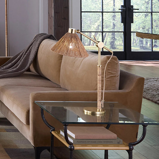 Fitzgerald Table Lamp by Jamie Young in natural and brushed brass. Made from jute in a unique style.