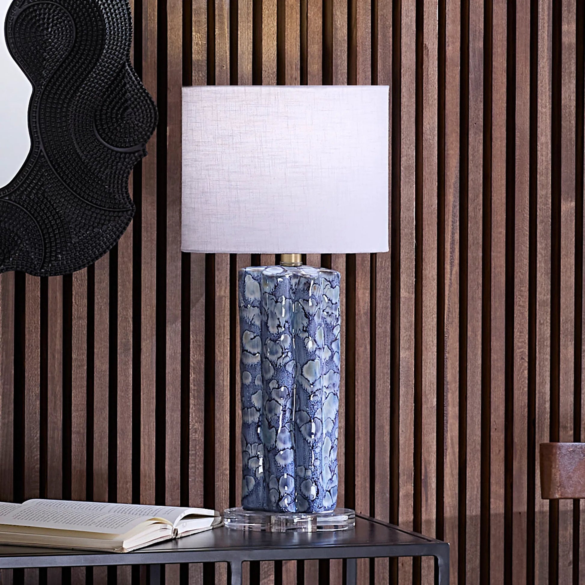 Flurry Table Lamp by Jamie Young in blue and reactive blue glaze. Made from ceramic, acrylic in a traditional style.