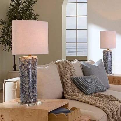 Flurry Table Lamp by Jamie Young in blue and reactive blue glaze. Made from ceramic, acrylic in a traditional style.