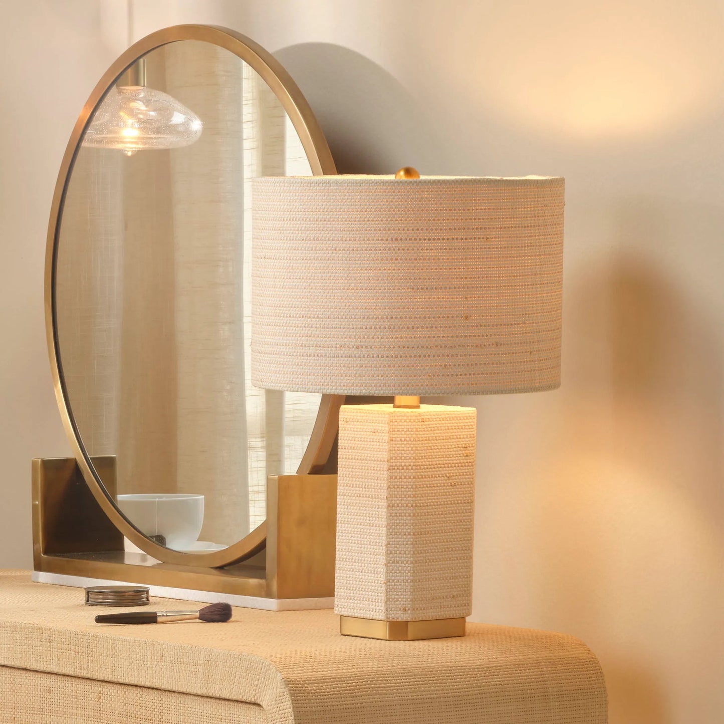 003 SI-2531168 | Lifestyle | Haisley Table Lamp by Jamie Young in natural and bleached raffia. Made from raffia in a unique style.