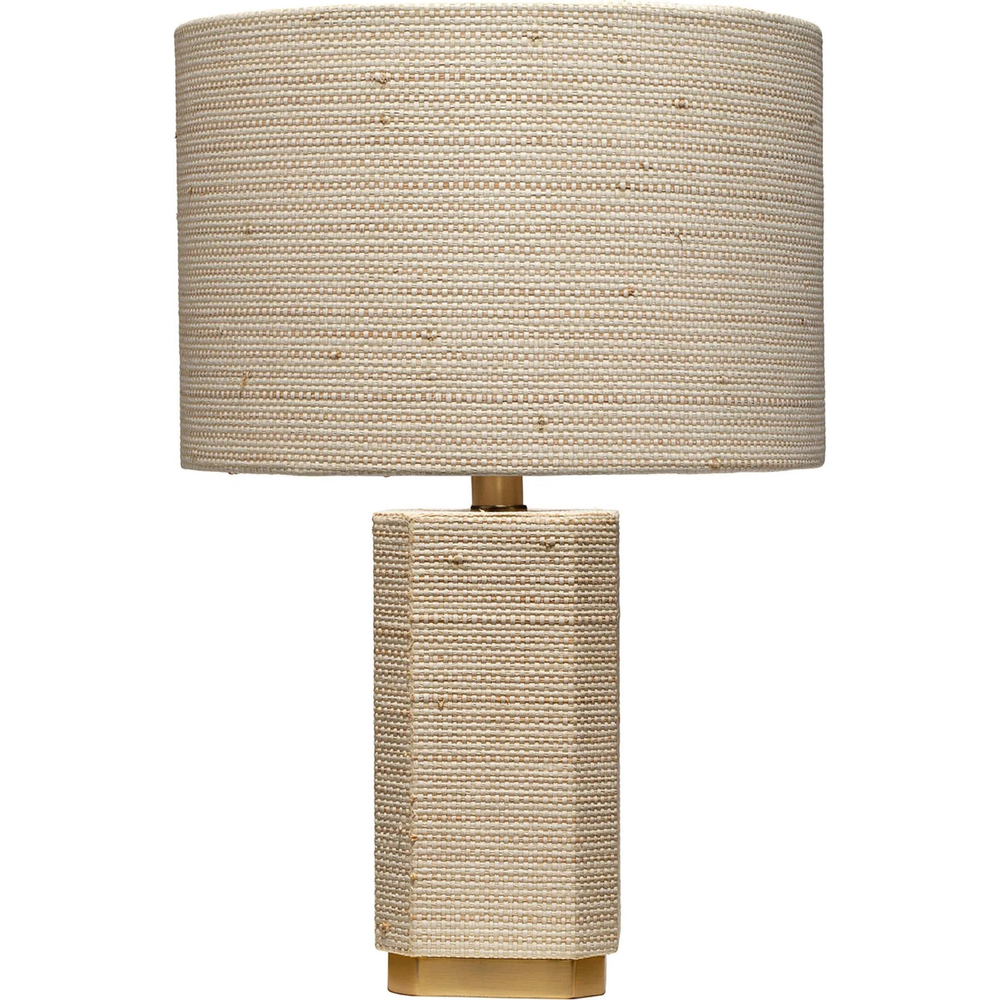 Haisley Table Lamp by Jamie Young in natural and bleached raffia. Made from raffia in a unique style.