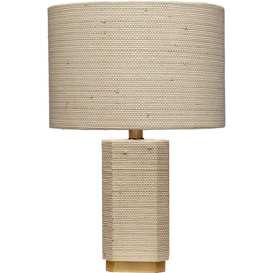 Haisley Table Lamp by Jamie Young in natural and bleached raffia. Made from raffia in a unique style.