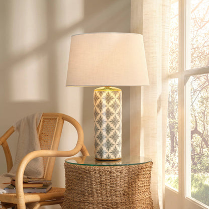 Harlequin Table Lamp by Jamie Young in green and cream, green patterned. Made from ceramic in a unique style.