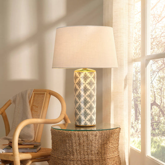 Harlequin Table Lamp by Jamie Young in green and cream, green patterned. Made from ceramic in a unique style.