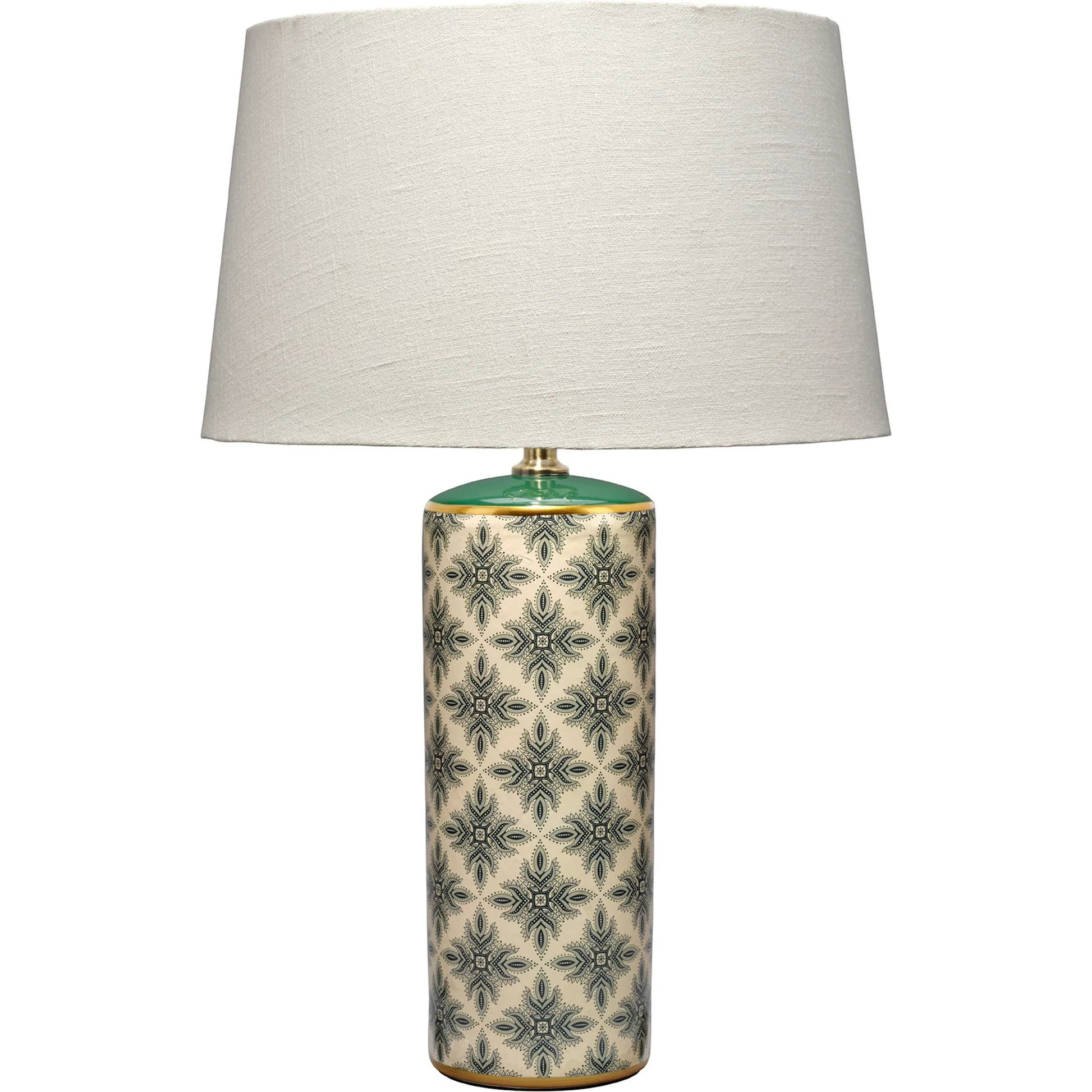 Harlequin Table Lamp by Jamie Young in green and cream, green patterned. Made from ceramic in a unique style.
