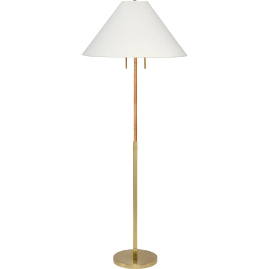 Harrison Floor Lamp by Jamie Young in antique brass and natural. Made from rattan in a unique style.