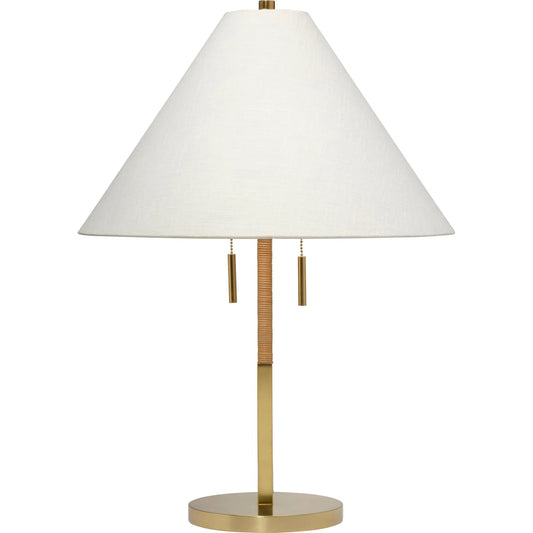 Harrison Table Lamp by Jamie Young in natural and brushed brass. Made from rattan in a unique style.
