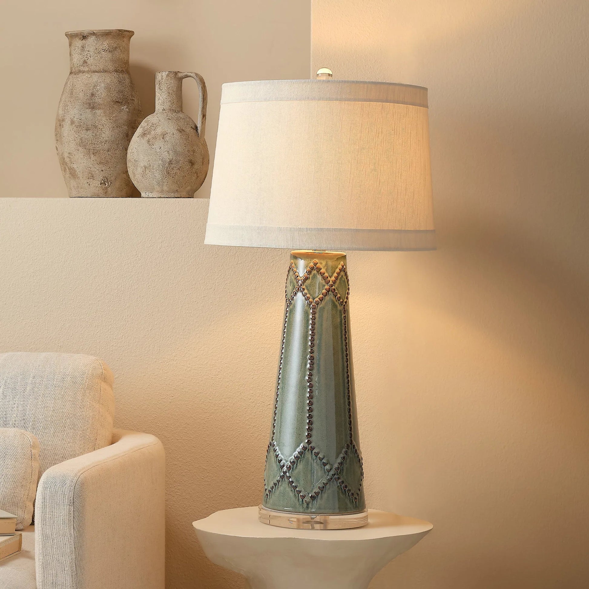 Hobnail Table Lamp by Jamie Young in teal. Made from ceramic in a transitional style.
