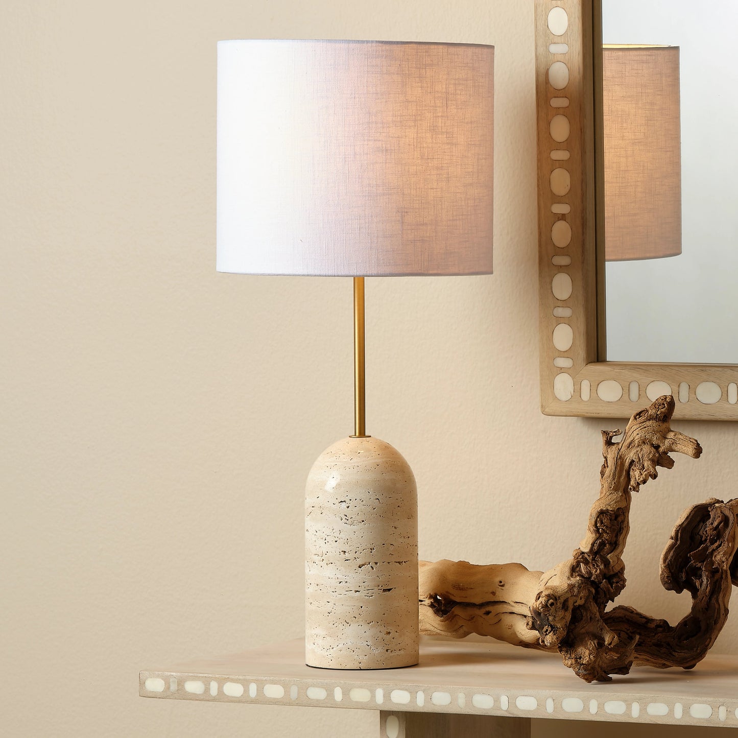 004 SI-2018897 | Lifestyle | Holt Travertine Table Lamp by Jamie Young in brown. Made from travertine, metal: iron in a modern style.