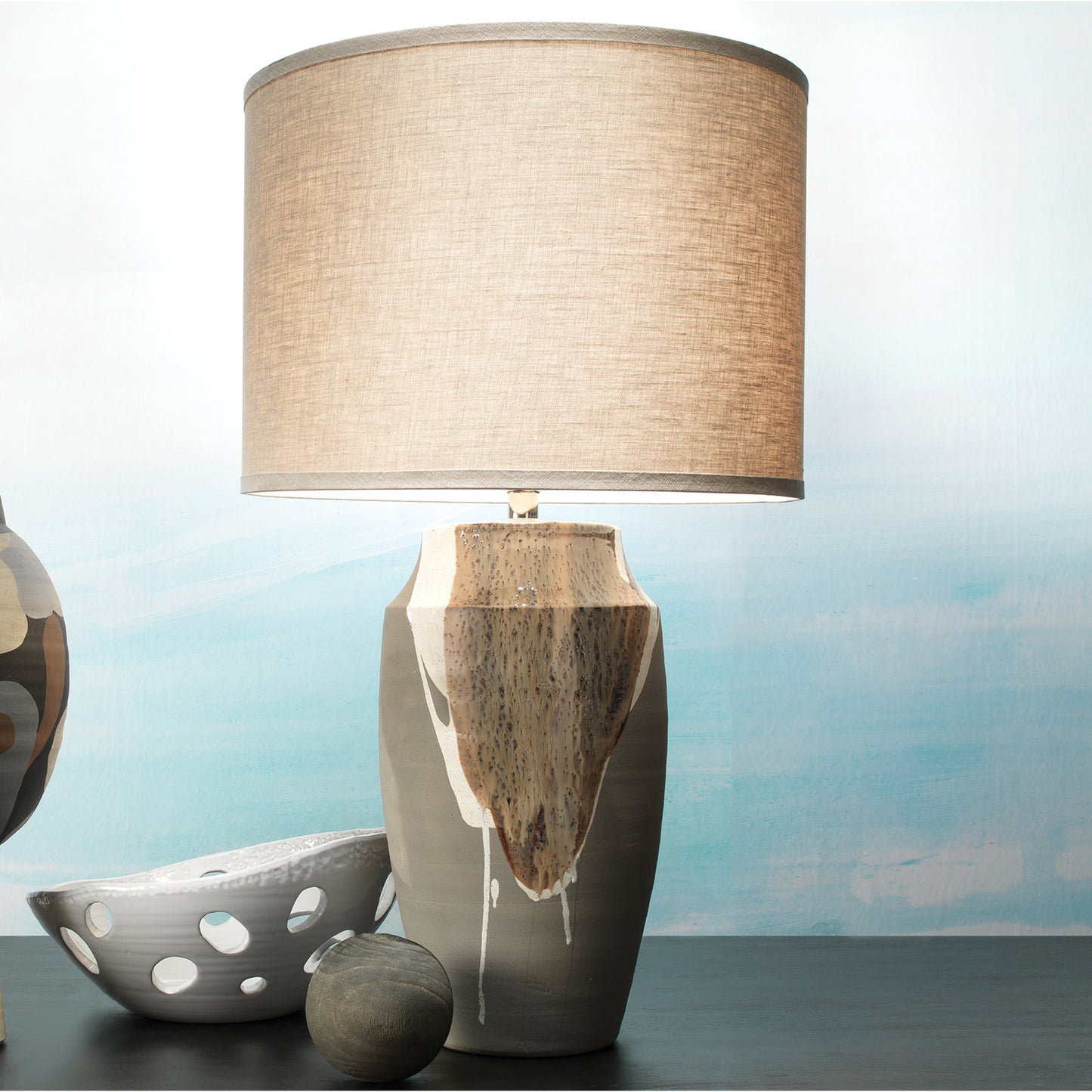 005 SR-819680 | Lifestyle | Landslide Table Lamp by Jamie Young in matte gray with beige, white drip. Made from ceramic in a eclectic & global style.