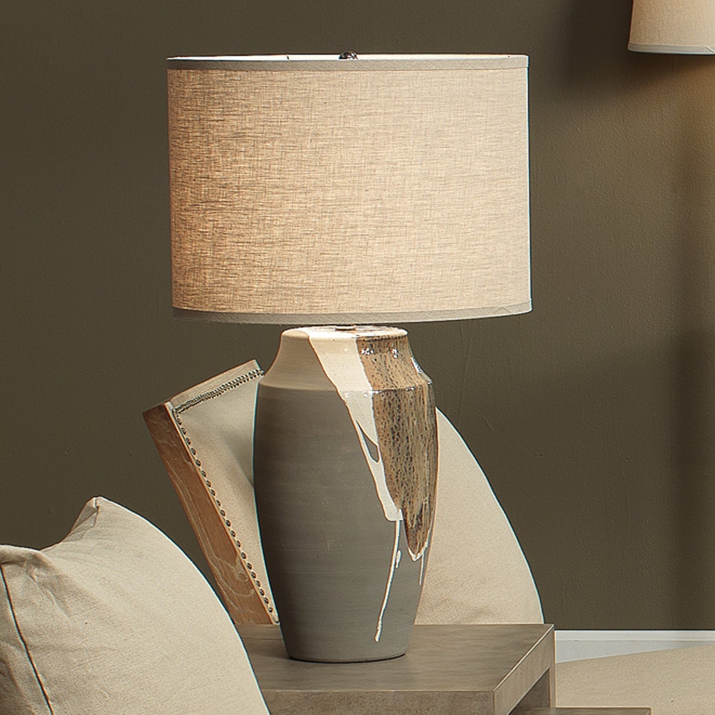 006 SR-819680 | Lifestyle | Landslide Table Lamp by Jamie Young in matte gray with beige, white drip. Made from ceramic in a eclectic & global style.