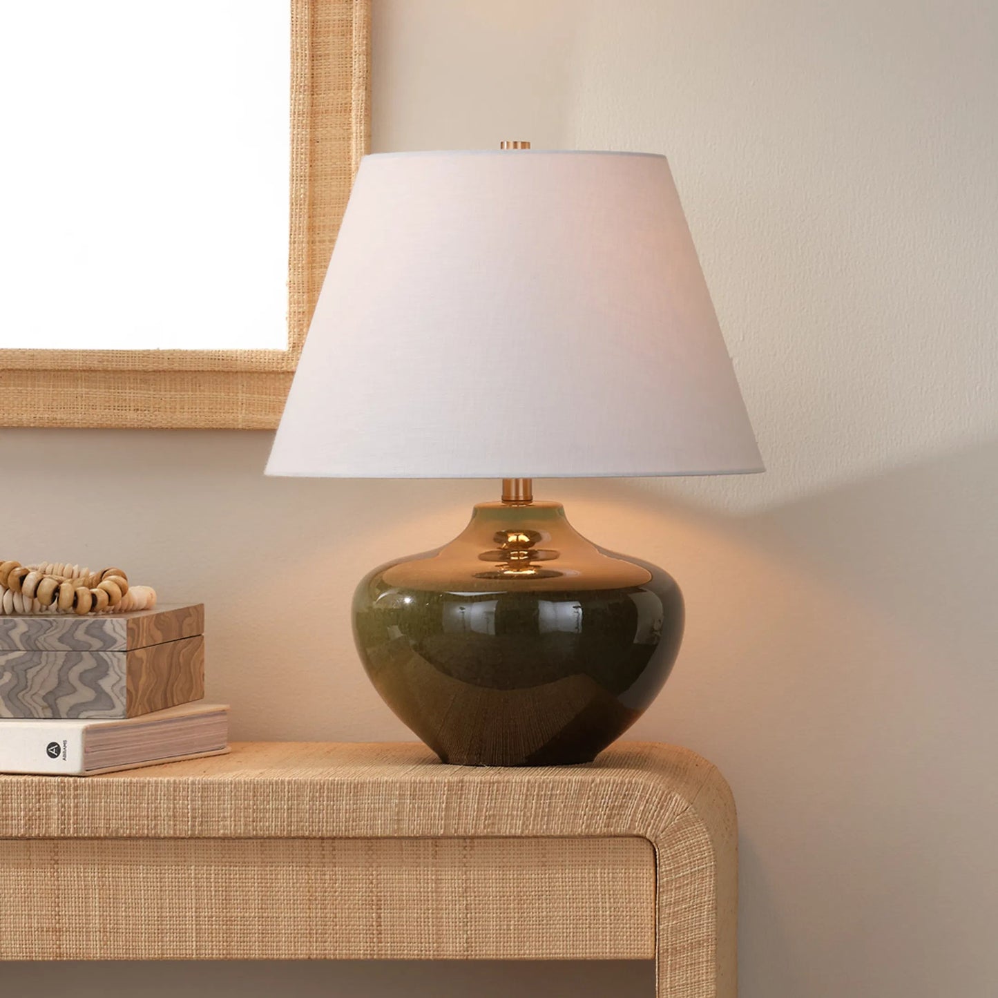 002 SI-2537713 | Lifestyle | Monroe Table Lamp by Jamie Young in green and green reactive glaze. Made from ceramic in a unique style.