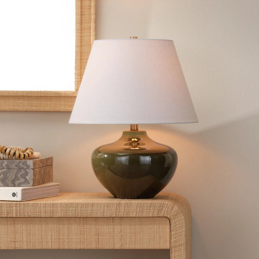 Monroe Table Lamp by Jamie Young in green and green reactive glaze. Made from ceramic in a unique style.