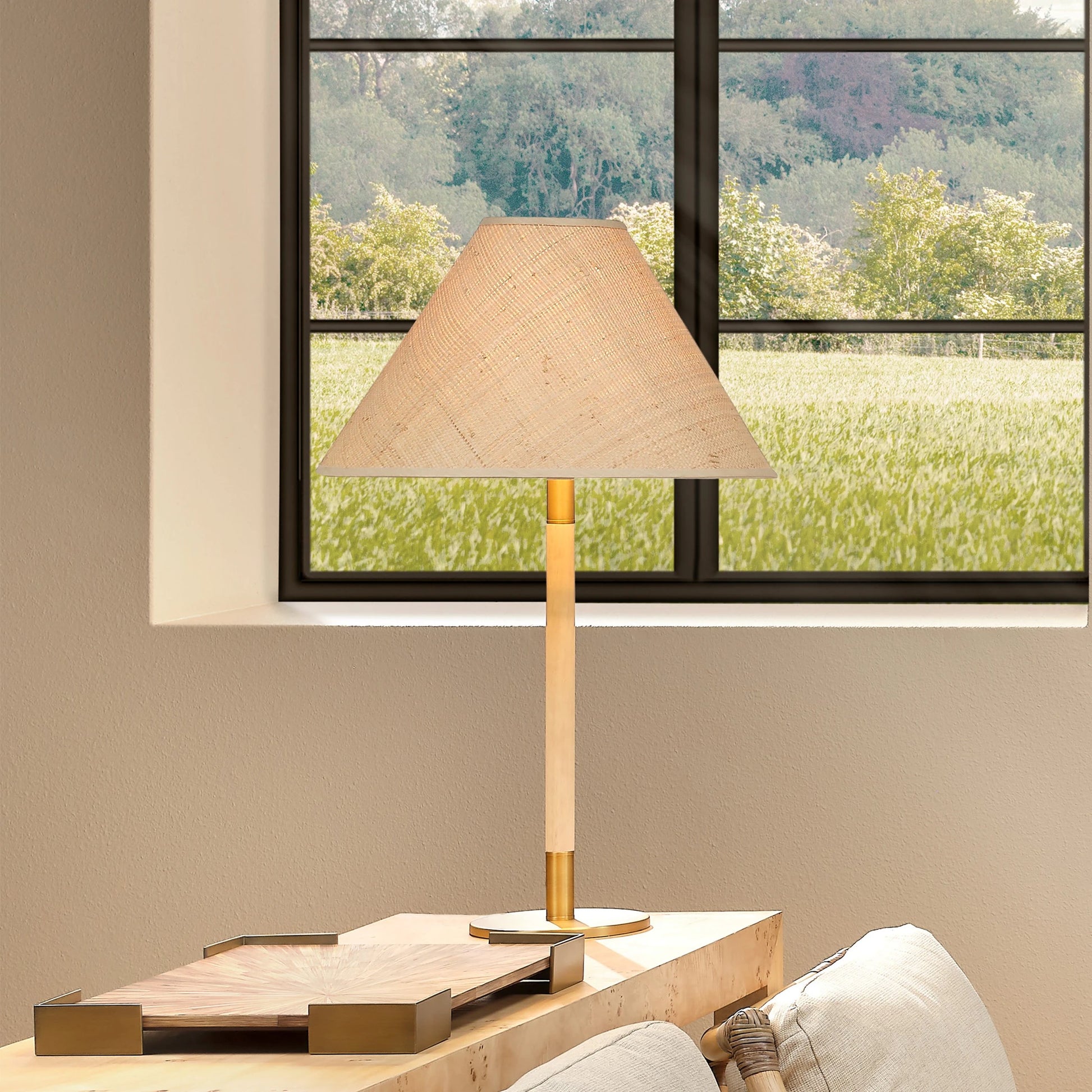 Morgana Table Lamp by Jamie Young in natural & antique brass. Made from rubber wood, metal: iron in a modern style.